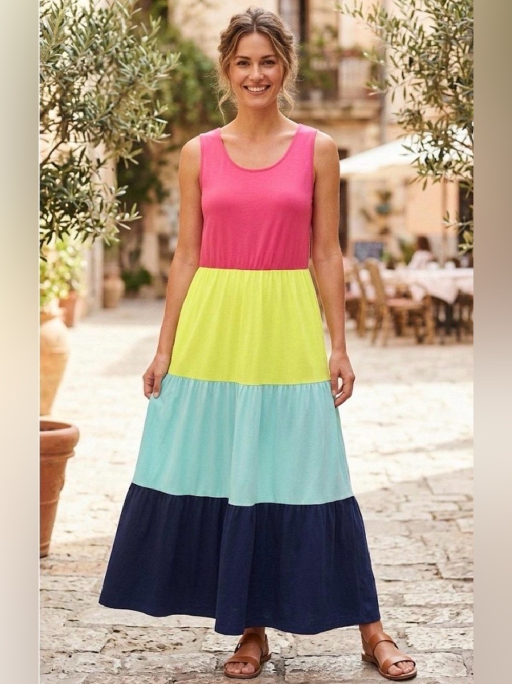 Lands' End Size MT Sleeveless Colorblock Tiered Maxi Dress